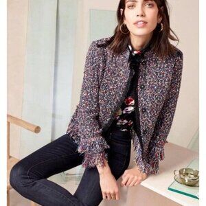 Ann Taylor Fiesta Tweed Fringe Jacket Red Blue Multi Color M Tall